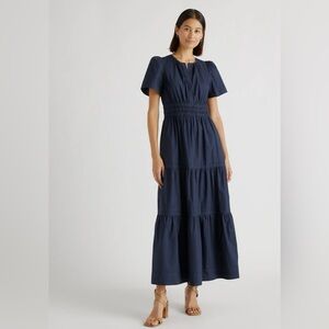 Quince 100% Organic Cotton Poplin Tiered Maxi Dress Navy Blue Size XL